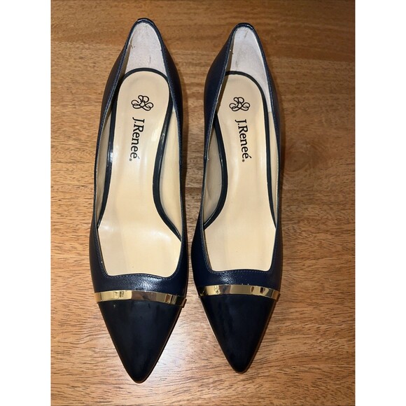 J. Renee Adena Navy Blue Patent Leather Pumps w/Gold-Tone Accents Size 8.5 Wide - Picture 2 of 8